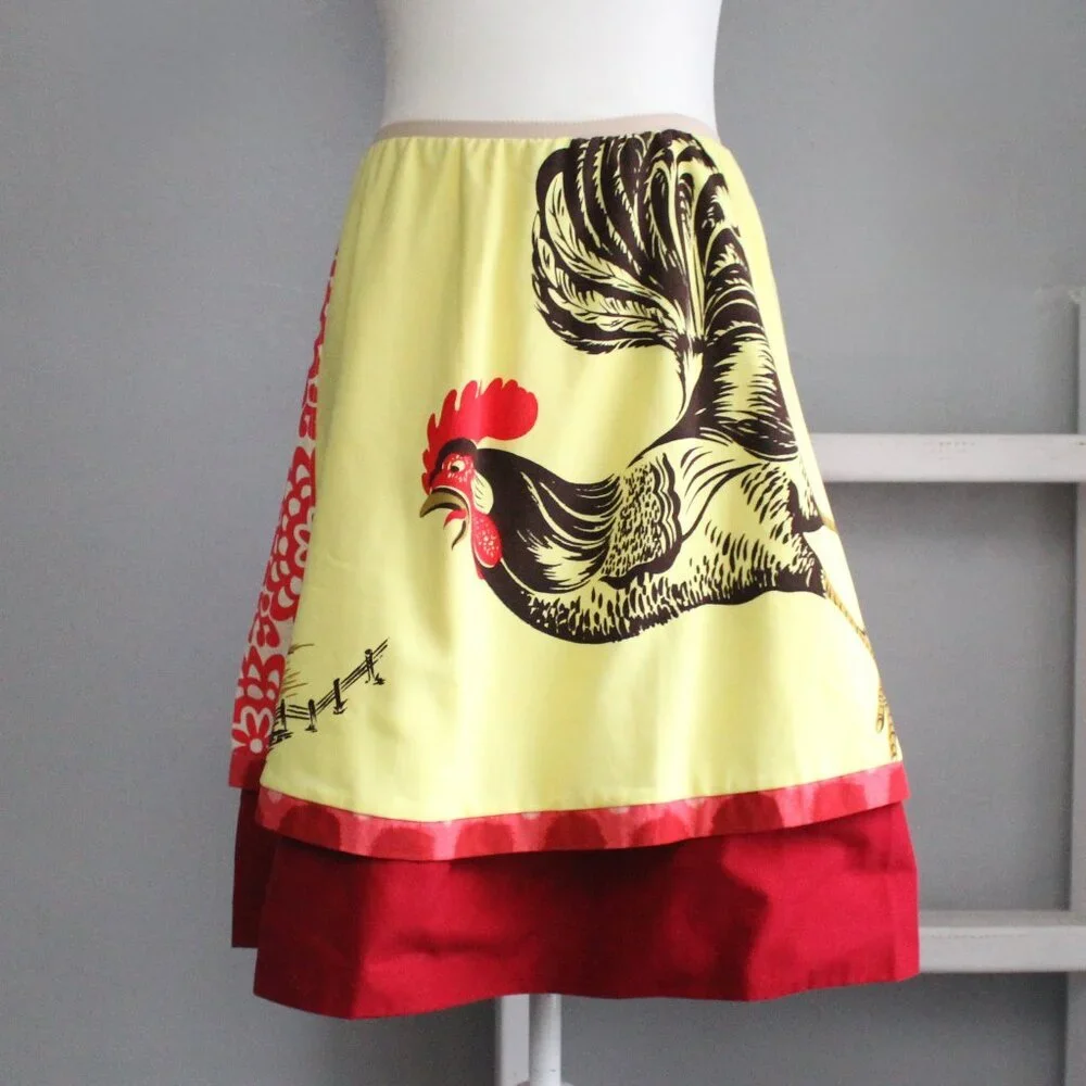 Orangyporangy Yellow Red Mixed Print Retro Rooster Farm A-Line Skirt Size Small - Picture 1 of 7